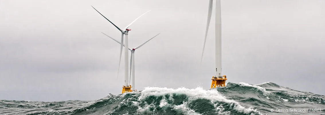 Heavy seas engulf the Block Island Wind Farm—the first U.S. offshore wind farm. A project of Deepwater Wind, the 30-MW wind farm located 3.8 miles (6.1 km) from Block Island, Rhode Island in the Atlantic Ocean, came online in December 2016.