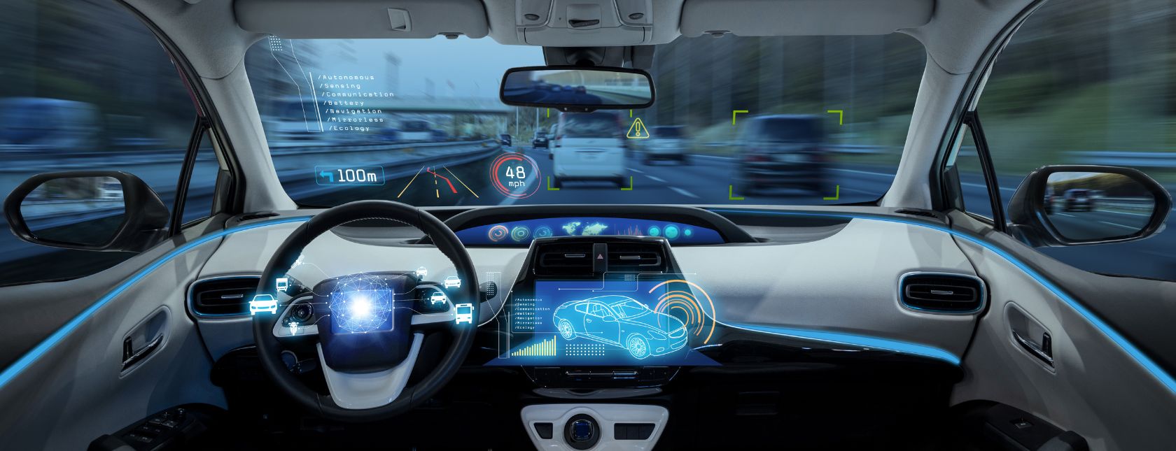Empty cockpit of vehicle and digital speedometer