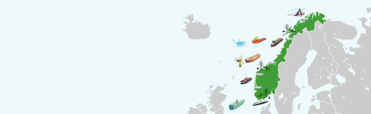 Illustrasjon Grønt kystfartsprogram - kart over Norge med miljøvennlge skip, bunkringsløsninger og offshorerigg