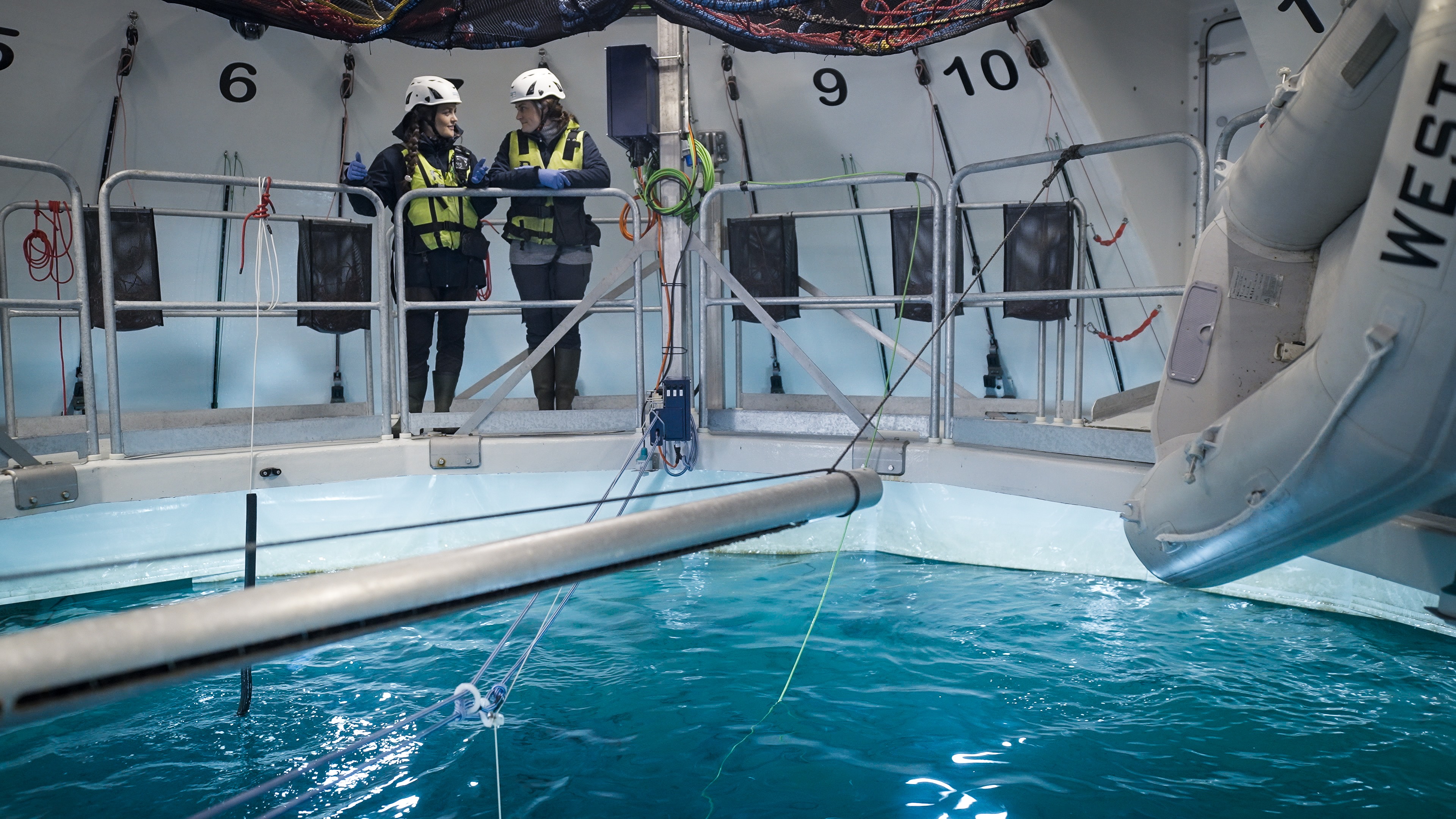 Aquaculture professionals conducting biosecurity inspections and equipment checks at a land-based fish farming facility